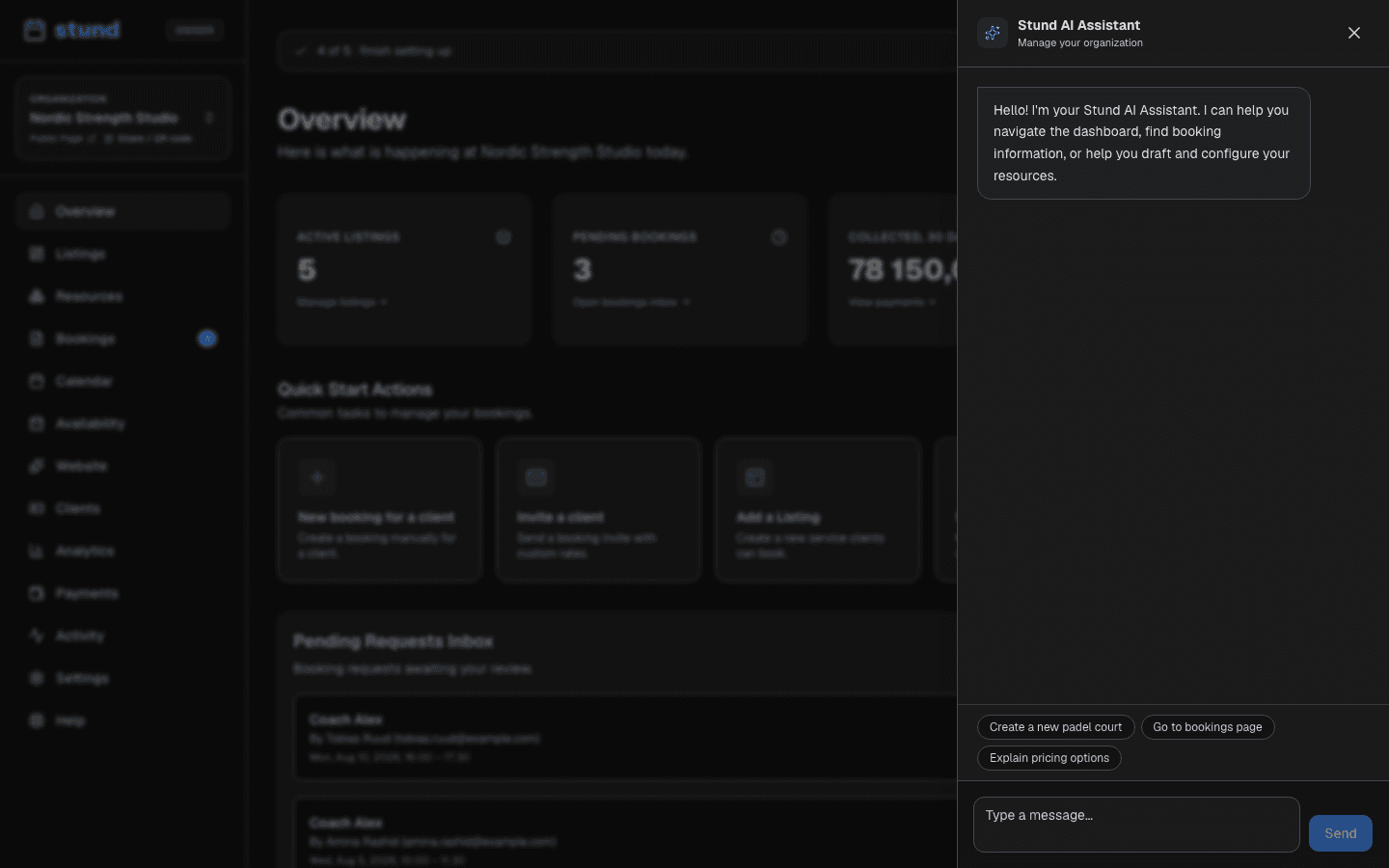 The dashboard AI assistant panel open in a side drawer, with a greeting and suggested prompts like "Go to bookings page".
