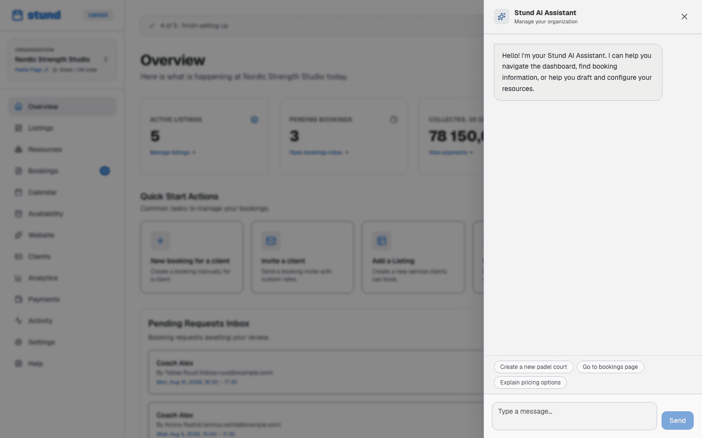 The dashboard AI assistant panel open in a side drawer, with a greeting and suggested prompts like "Go to bookings page".