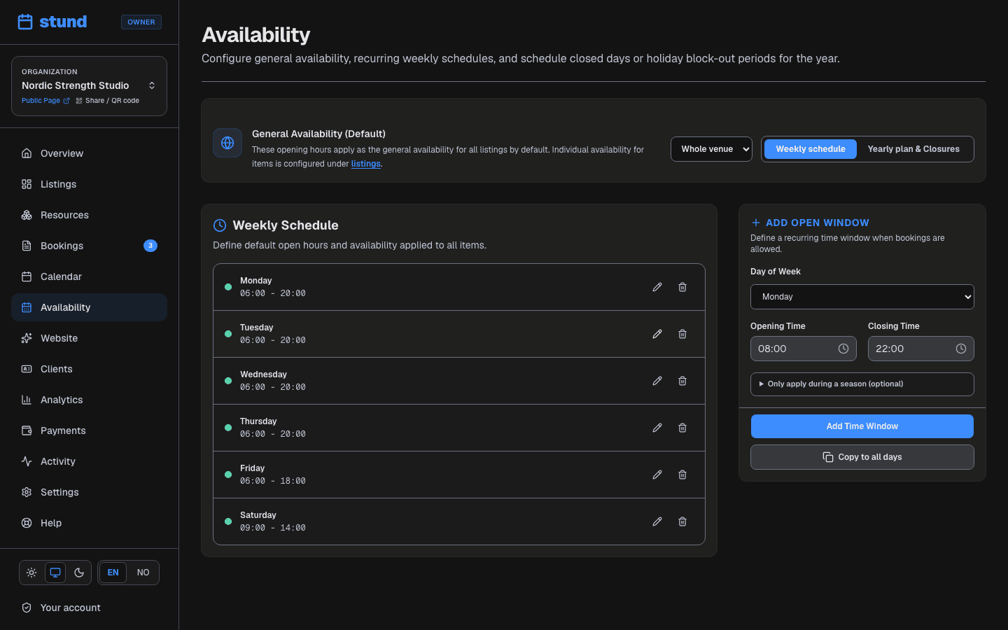 The Availability page with weekly opening hours per weekday and a list of blocked dates.