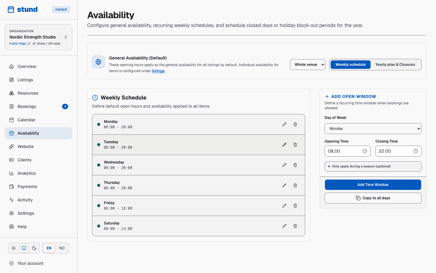 The Availability page with weekly opening hours per weekday and a list of blocked dates.