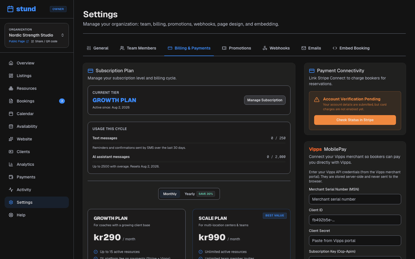 The Billing and Payments settings page with payment provider connections and the current plan.