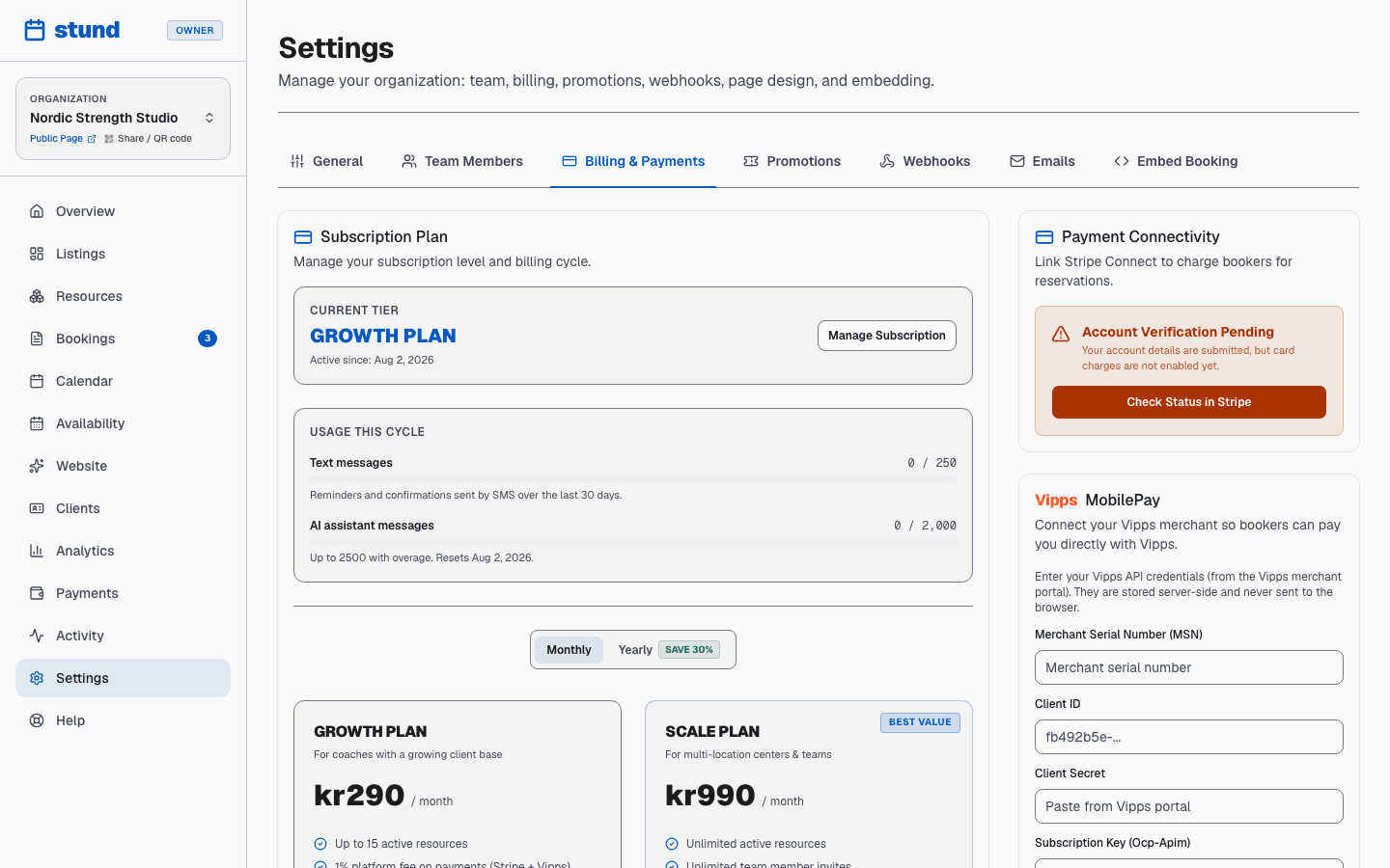 The Billing and Payments settings page with payment provider connections and the current plan.