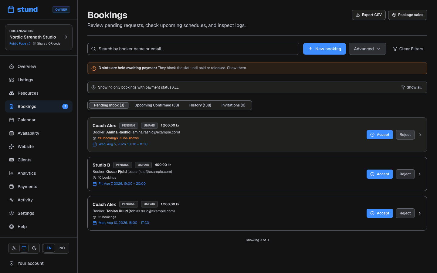 The Bookings page with tabs for pending, upcoming and past bookings, and three requests awaiting approval.