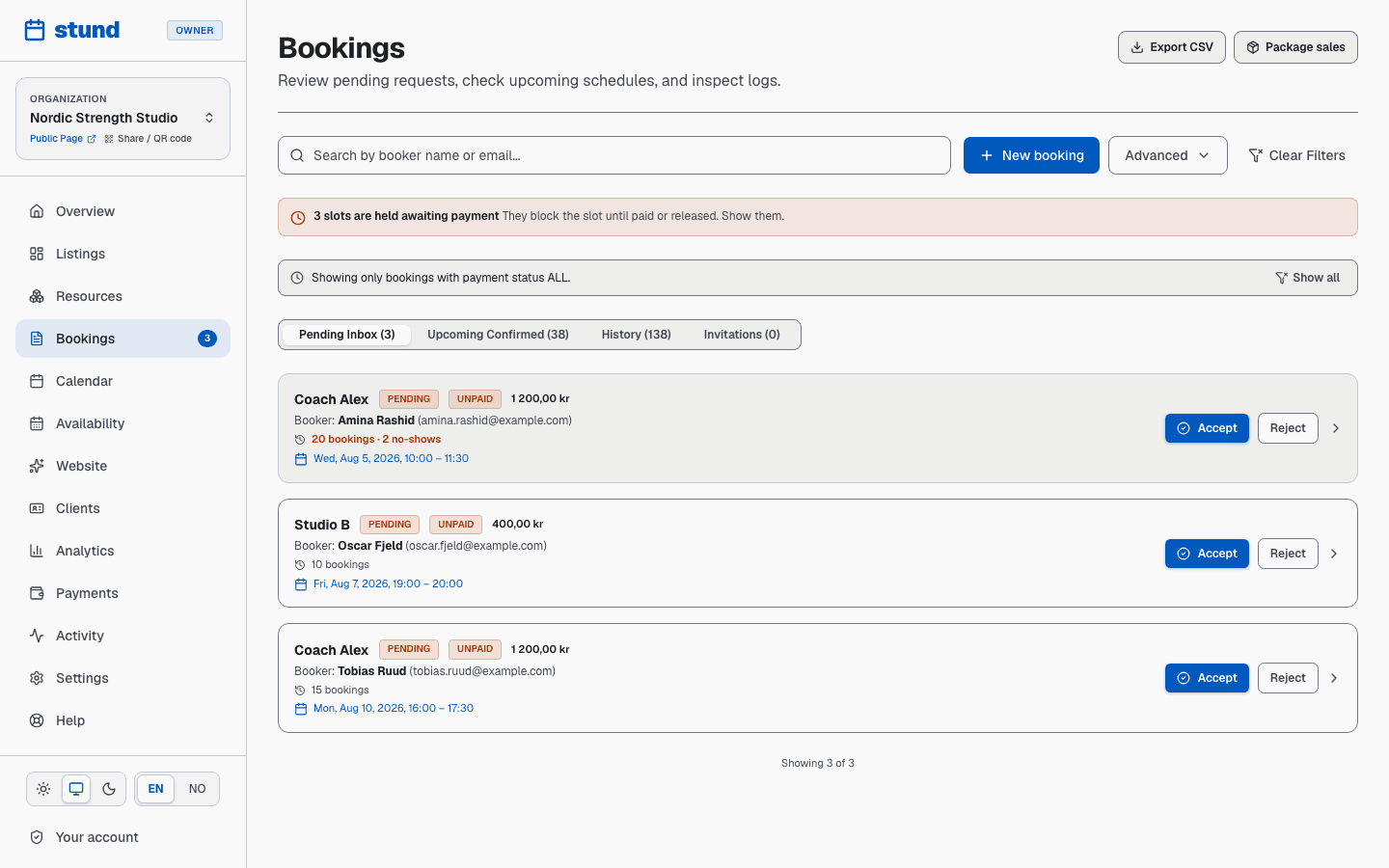 The Bookings page with tabs for pending, upcoming and past bookings, and three requests awaiting approval.