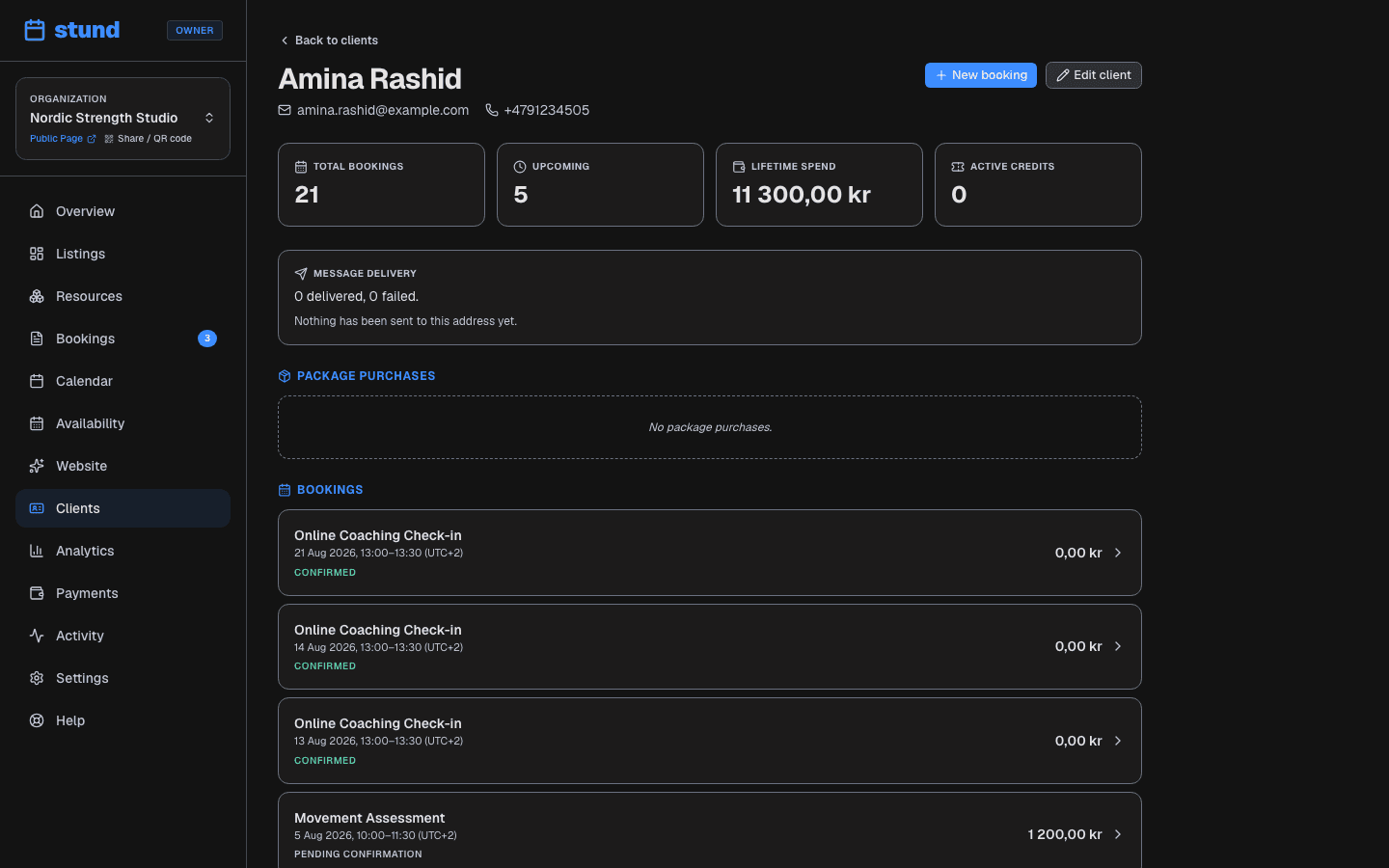One client's page, showing their contact details, totals, and a list of every booking they have made.