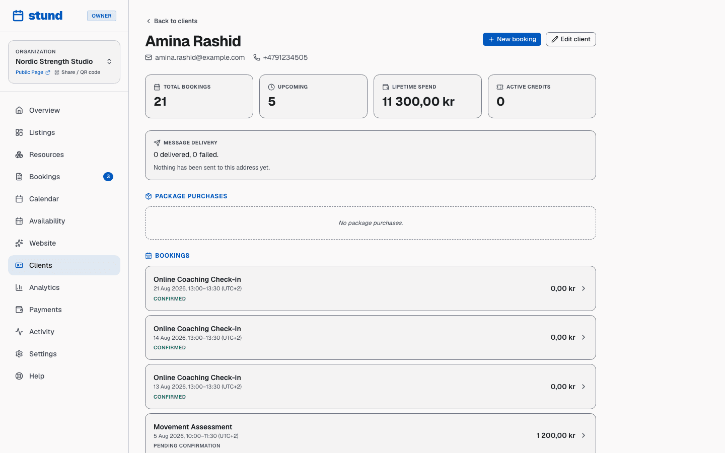 One client's page, showing their contact details, totals, and a list of every booking they have made.