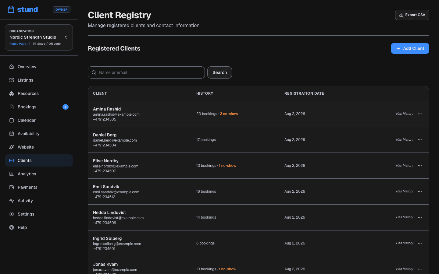 The Clients page listing everyone who has booked, with their contact details and booking counts.
