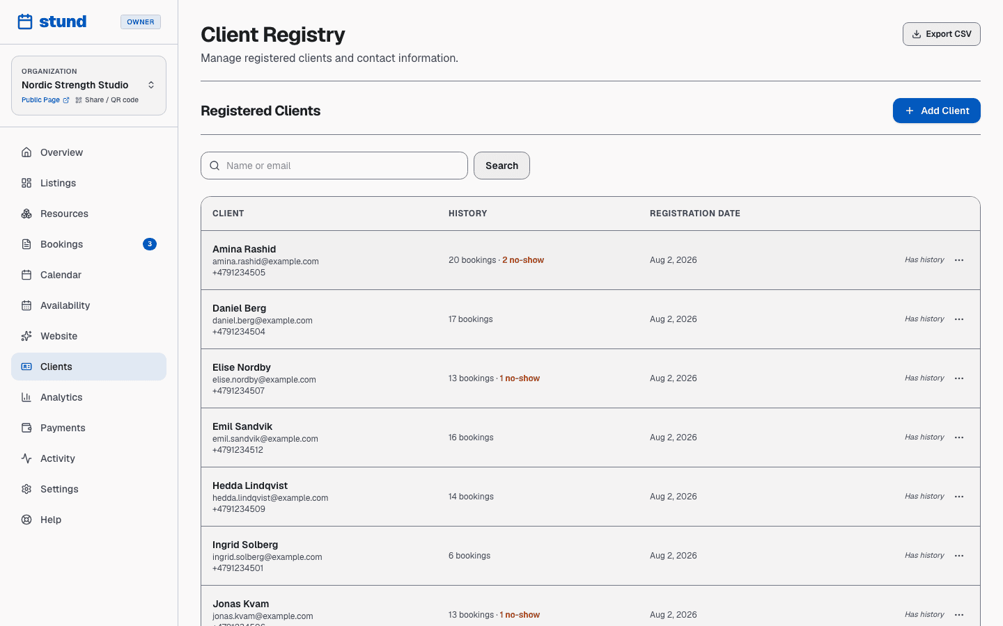 The Clients page listing everyone who has booked, with their contact details and booking counts.
