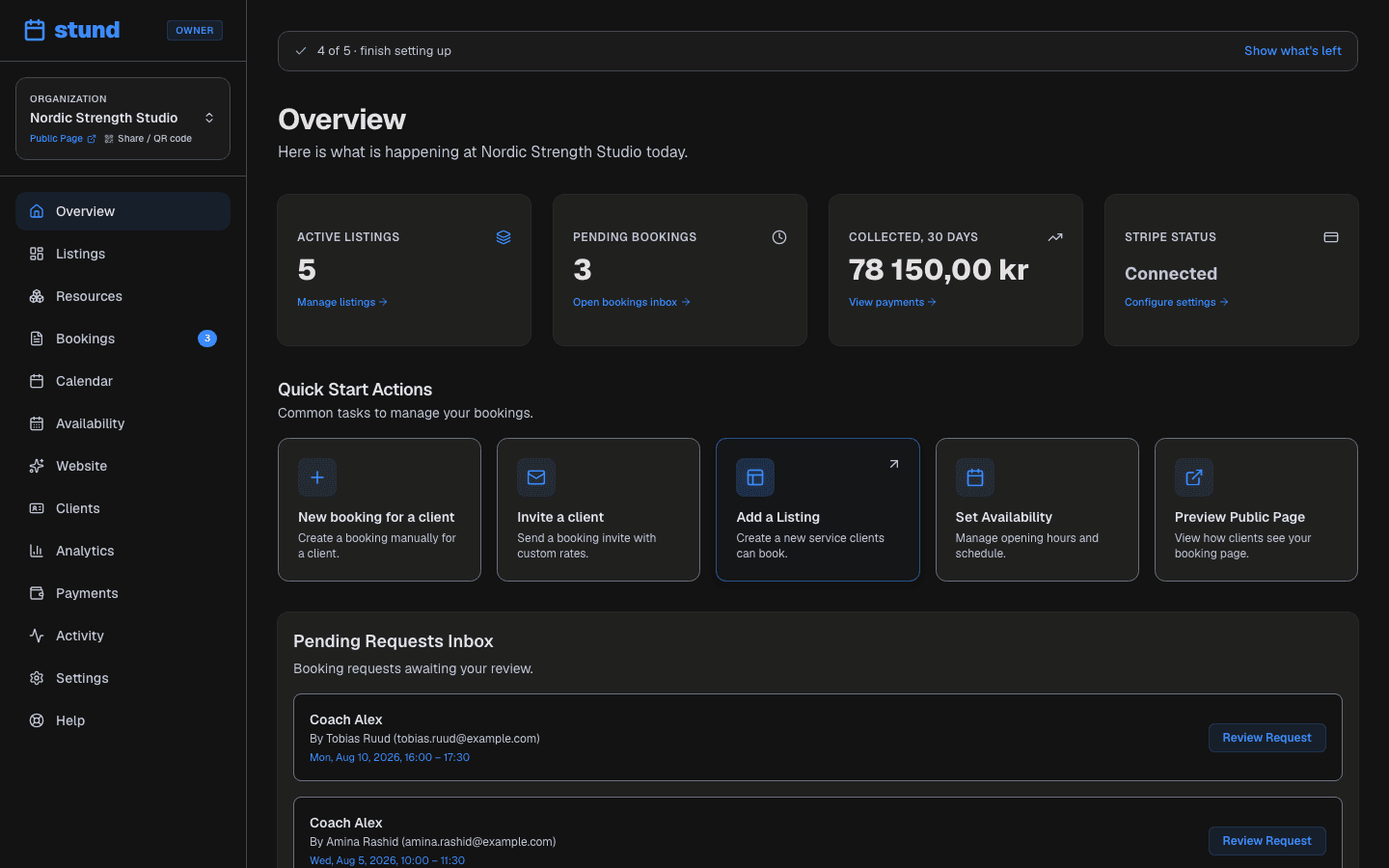 The Stund dashboard Overview page, showing stat cards for listings and bookings, pending requests, and the upcoming schedule.