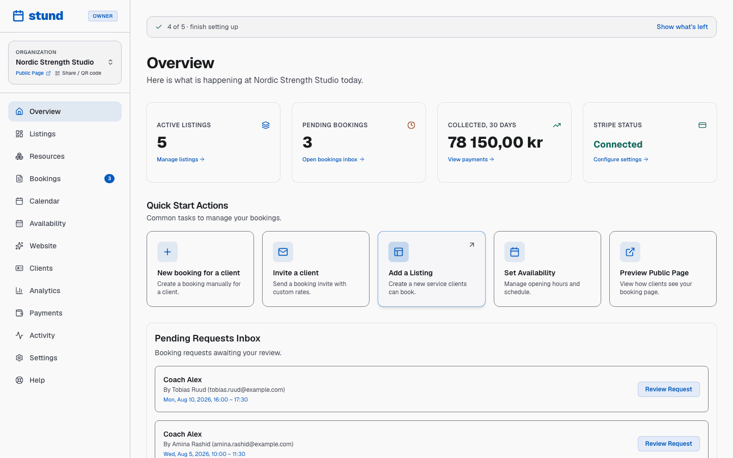 The Stund dashboard Overview page, showing stat cards for listings and bookings, pending requests, and the upcoming schedule.