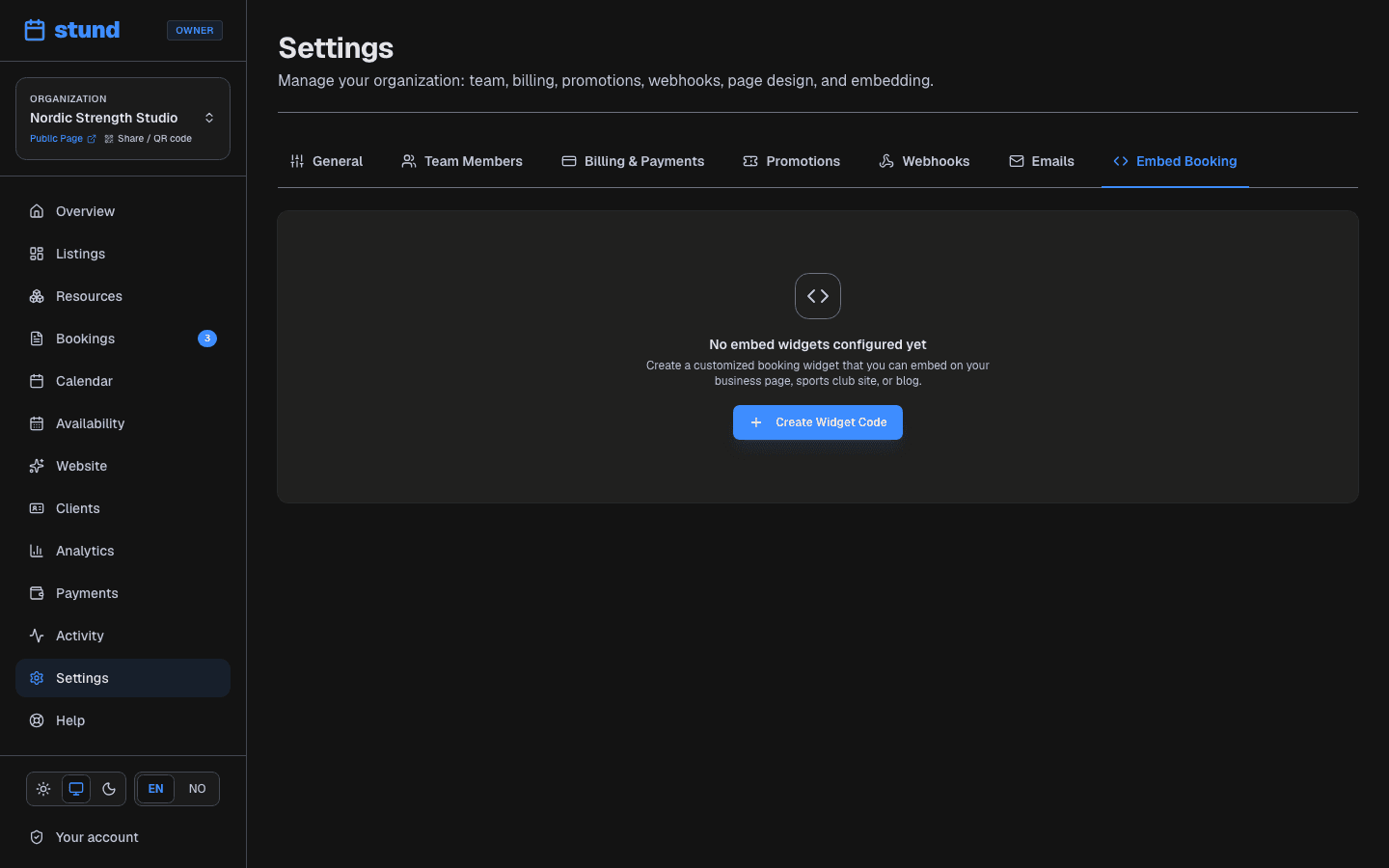 The Embed page showing a configurable booking widget and the snippet of code to paste into a website.