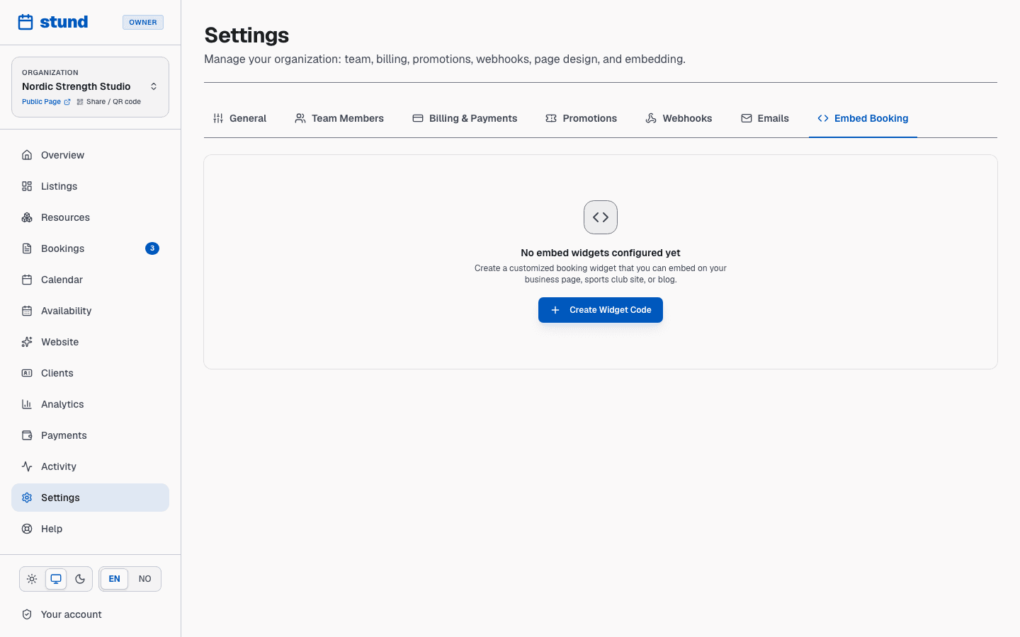 The Embed page showing a configurable booking widget and the snippet of code to paste into a website.