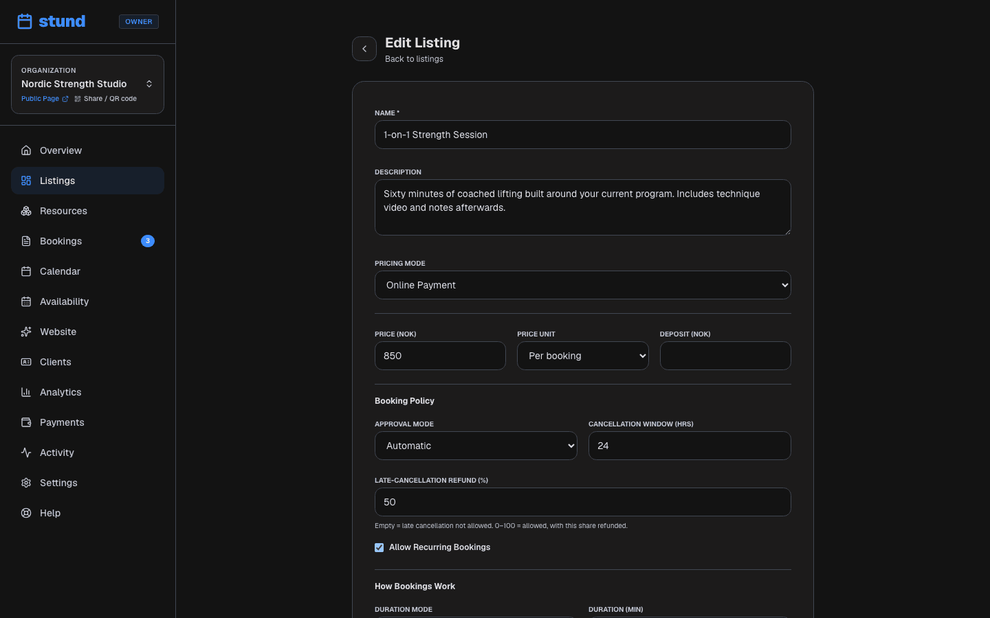 The listing editor with fields for name, description, duration, payment methods and approval mode.
