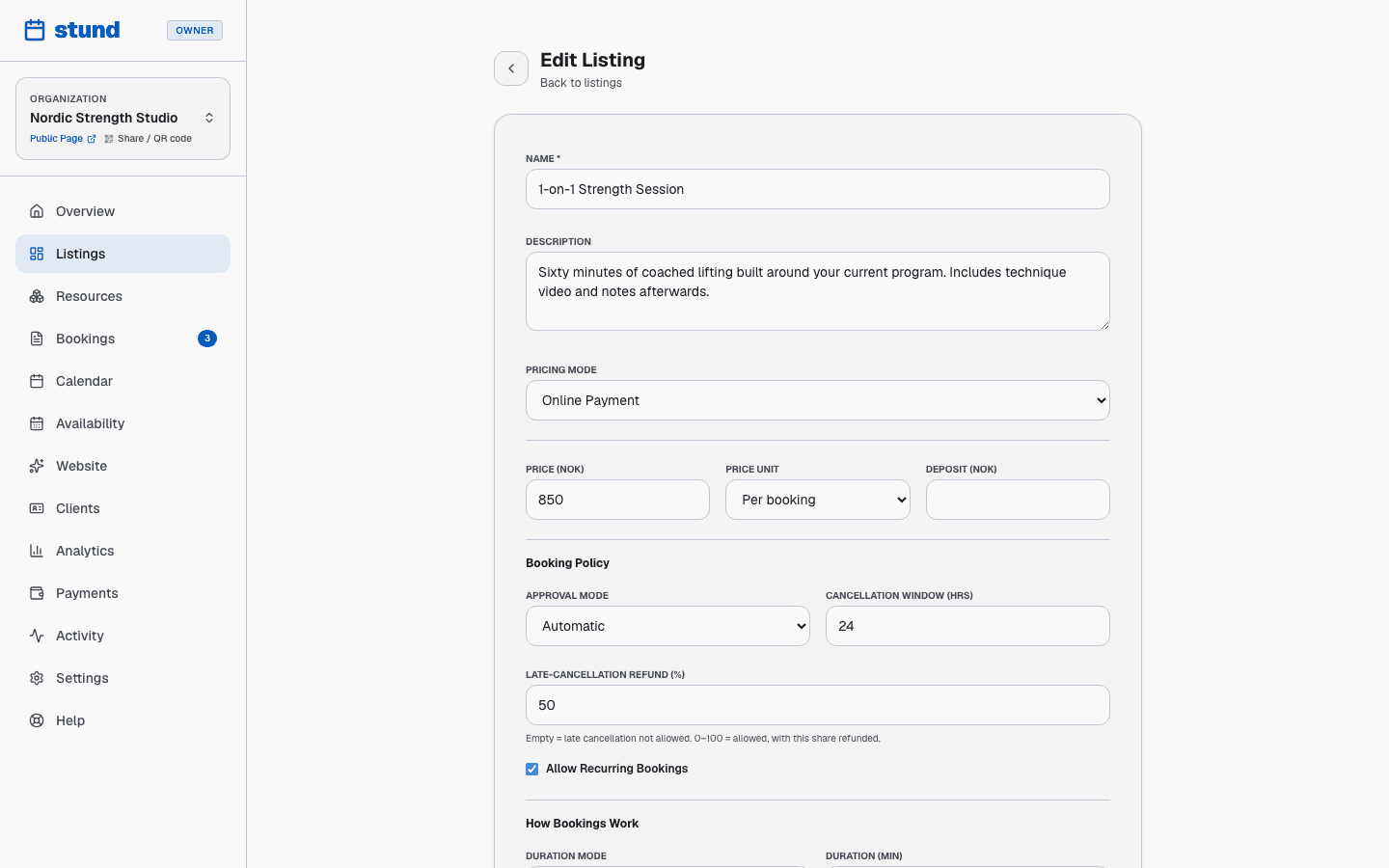 The listing editor with fields for name, description, duration, payment methods and approval mode.