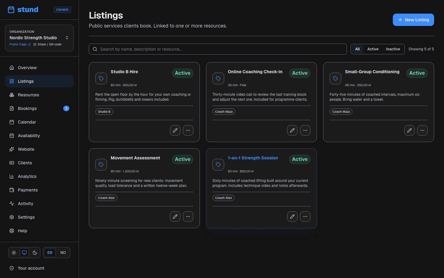 The Listings page listing five bookable services with their prices, durations and approval modes.