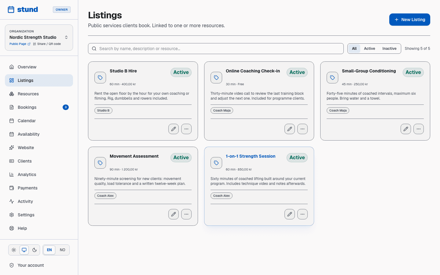 The Listings page listing five bookable services with their prices, durations and approval modes.