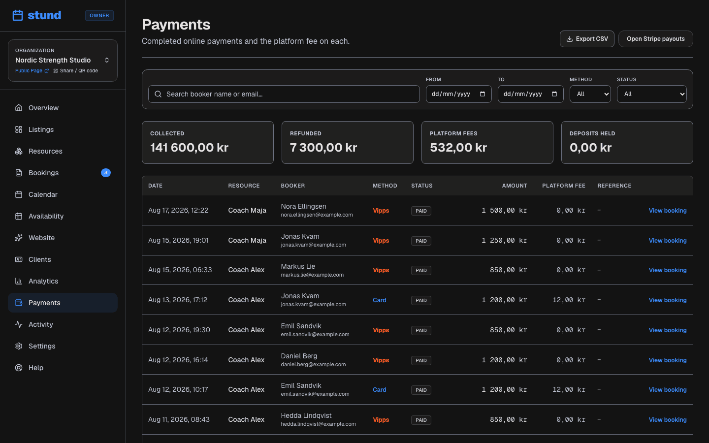 The Payments page with totals collected, platform fees, and a table of individual payments.