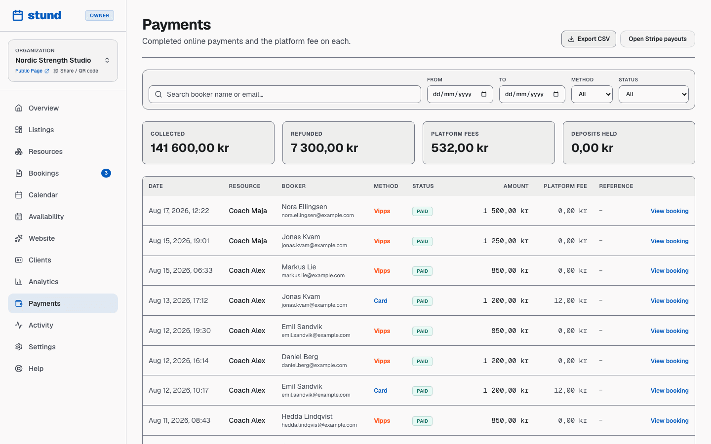 The Payments page with totals collected, platform fees, and a table of individual payments.