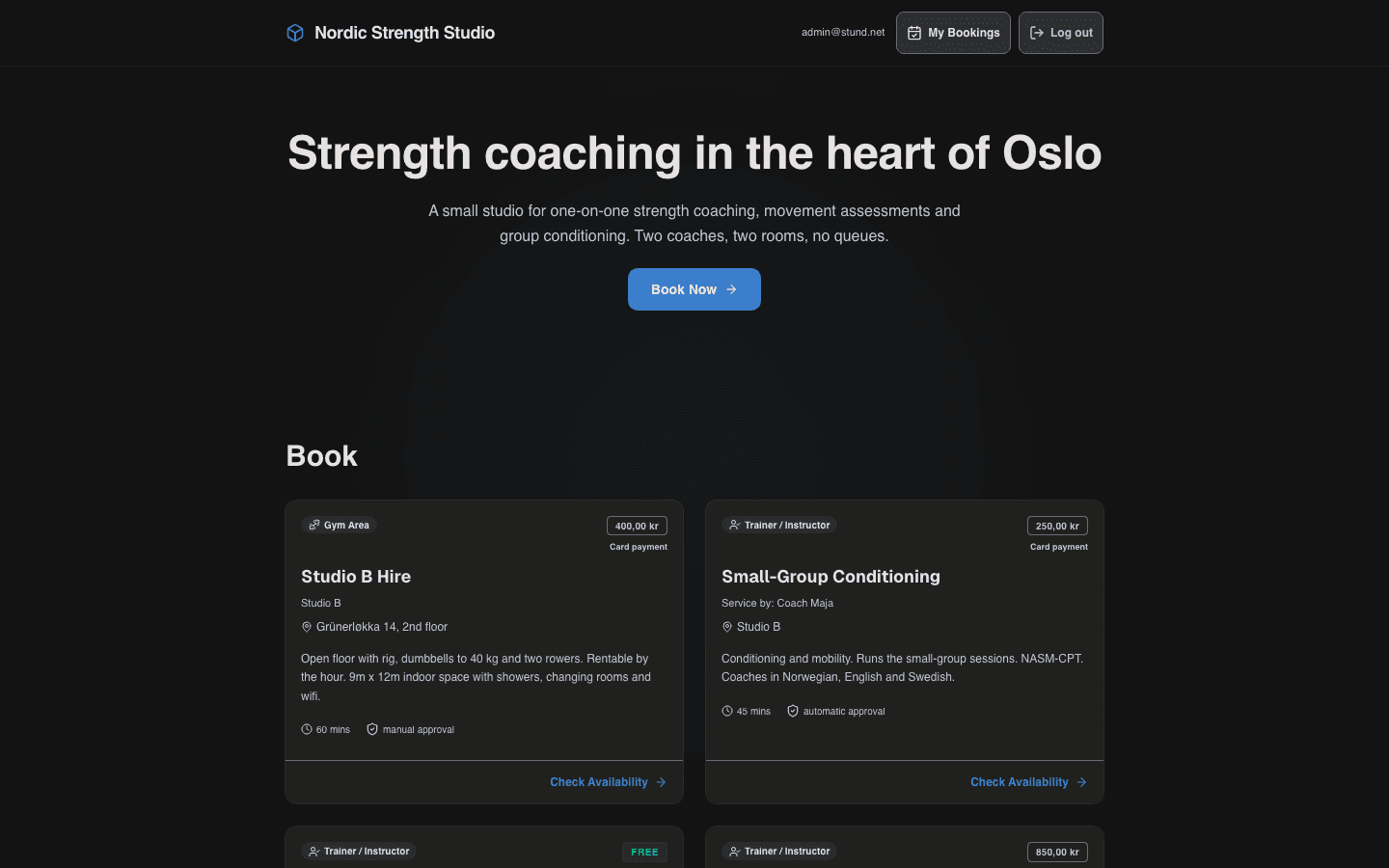 The public booking page for a studio, with a hero headline and a list of bookable sessions.