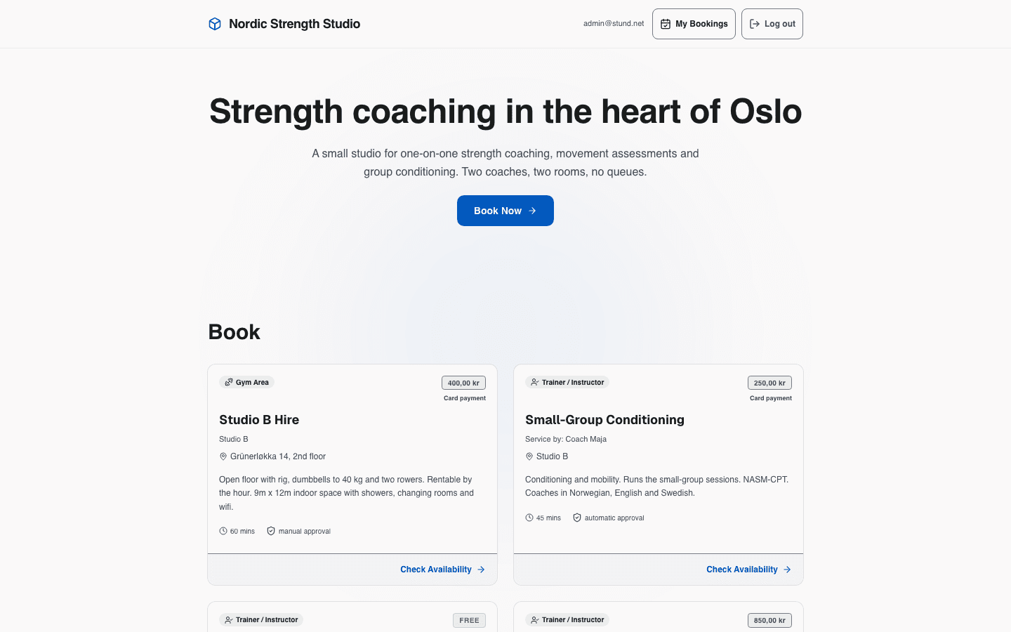 The public booking page for a studio, with a hero headline and a list of bookable sessions.