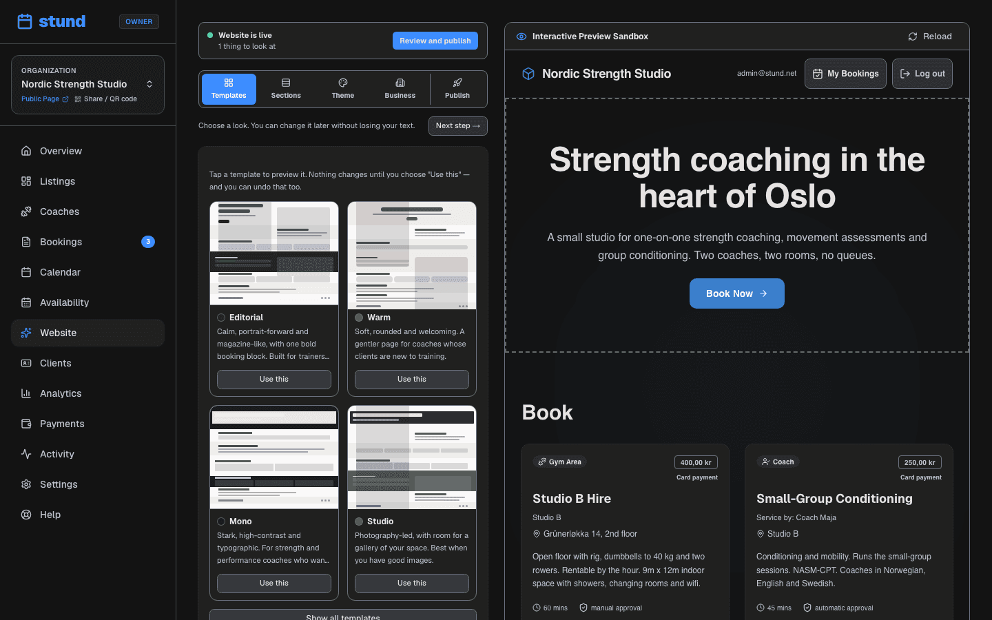 The Website designer, open on the Templates step. The steps run across the top — Templates, Sections, Theme, Business, and Publish set apart at the end — with a gallery of template thumbnails below, each offering a "Use this" button, and a live preview of the page on the right.