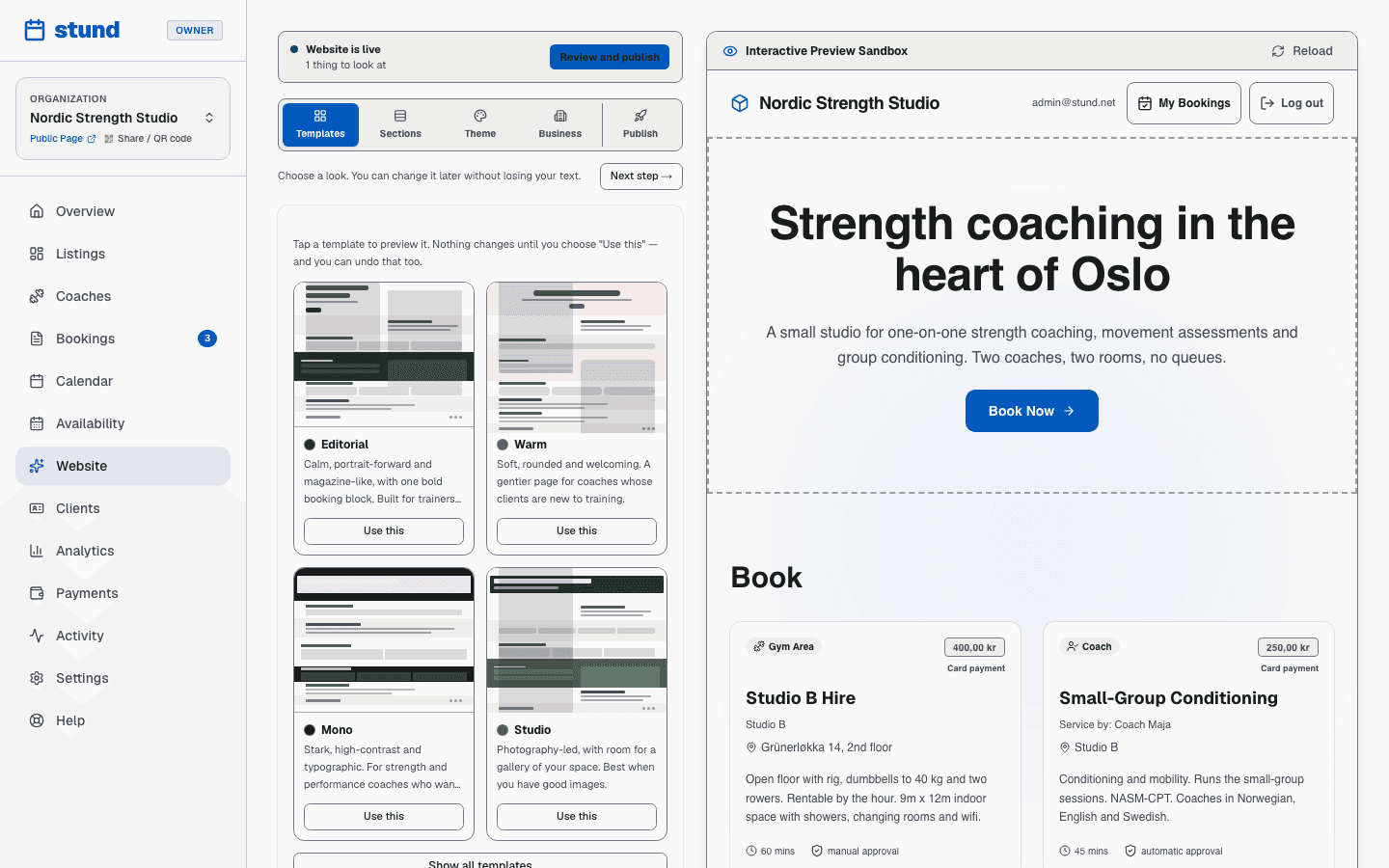 The Website designer, open on the Templates step. The steps run across the top — Templates, Sections, Theme, Business, and Publish set apart at the end — with a gallery of template thumbnails below, each offering a "Use this" button, and a live preview of the page on the right.