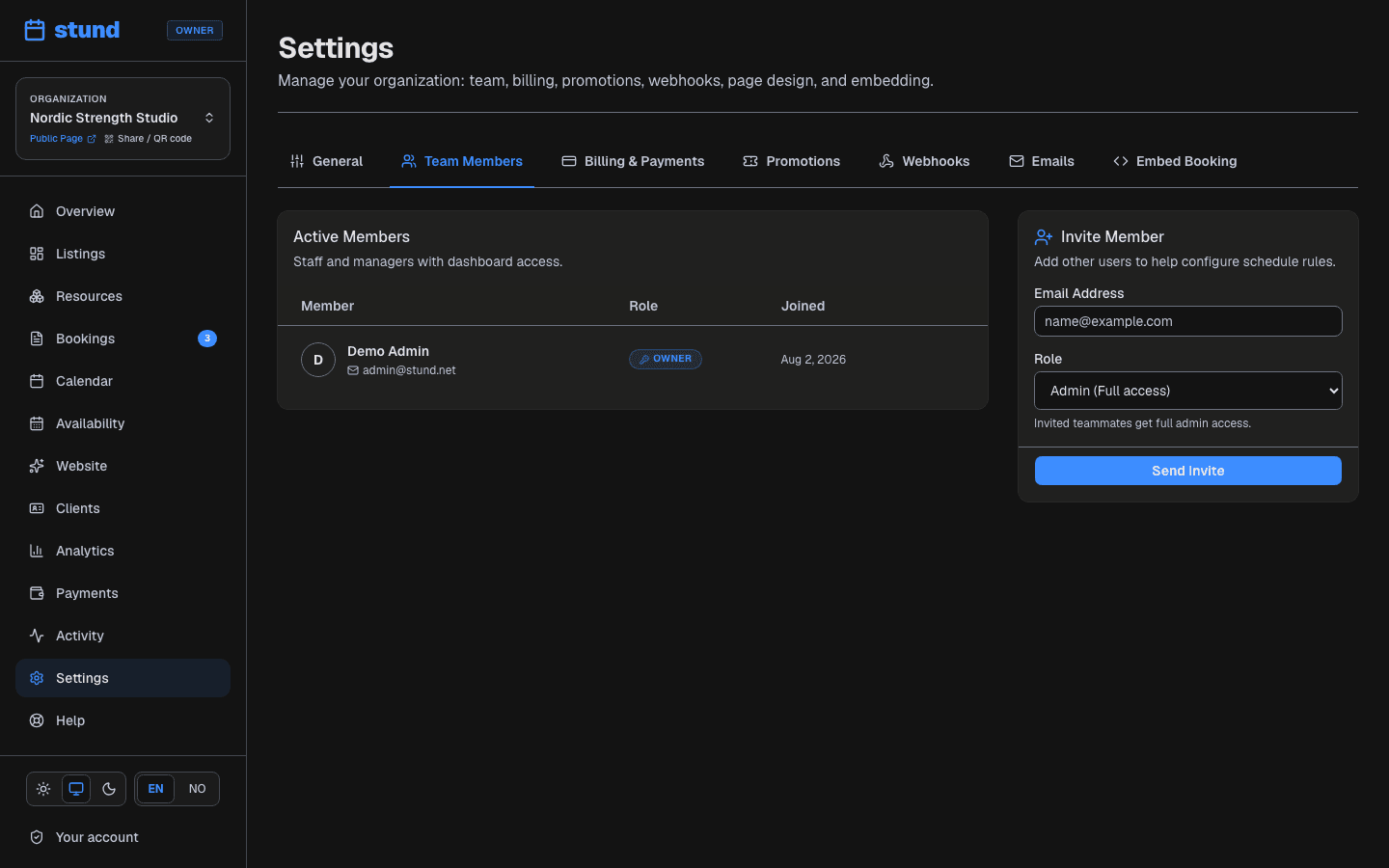 The Team settings page listing members with their roles and an invite form.