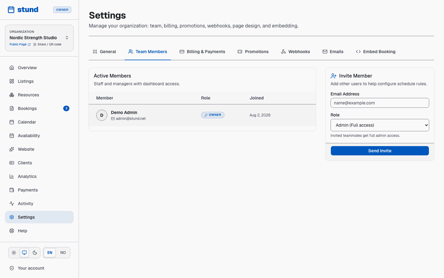 The Team settings page listing members with their roles and an invite form.